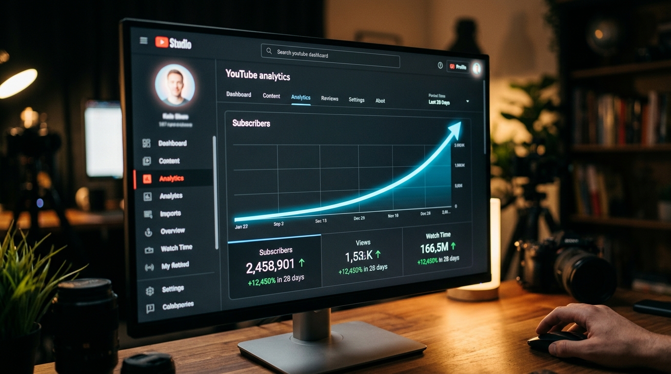 A close-up of a YouTube analytics dashboard showing a sharp upward trend in subscriber growth.