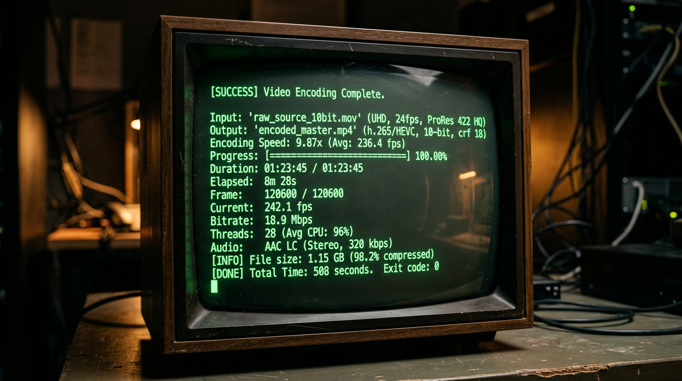 Close-up of a terminal window executing a successful video encoding process with high-speed metrics.