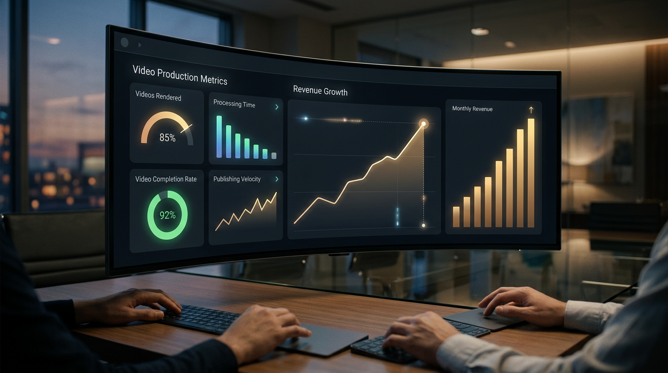 Sleek dashboard displaying automated video production metrics and rising revenue growth charts.
