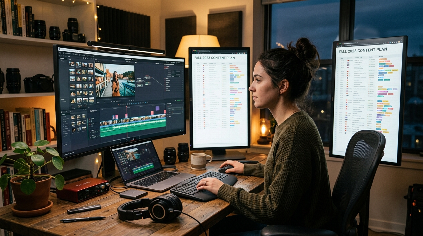 An organized digital workspace showing video editing software and a strategic content calendar.