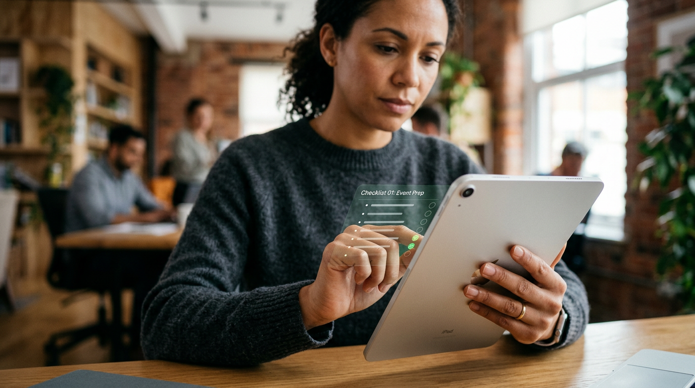 Close-up of a person checking off a checklist on a digital tablet interface.