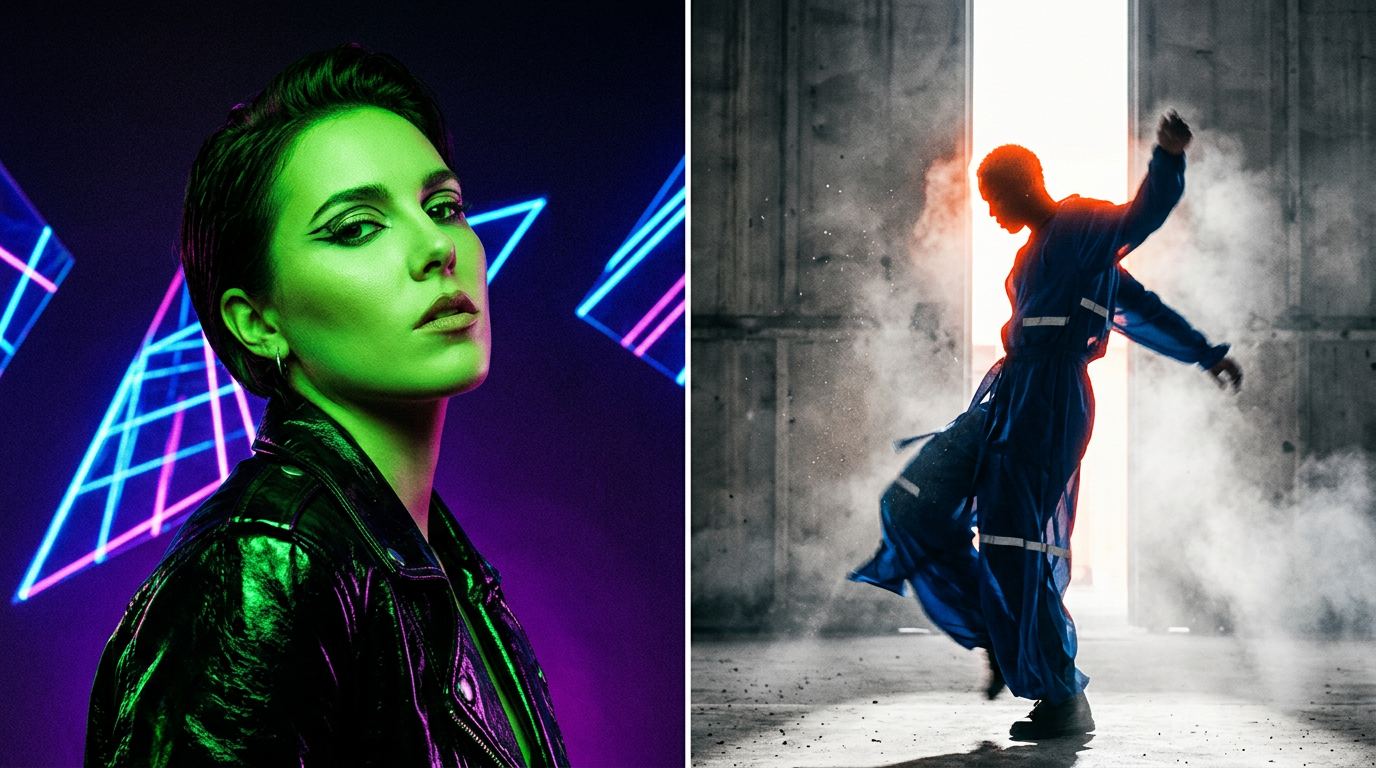 A split-screen comparison of two music video thumbnails demonstrating effective high-contrast graphic design.