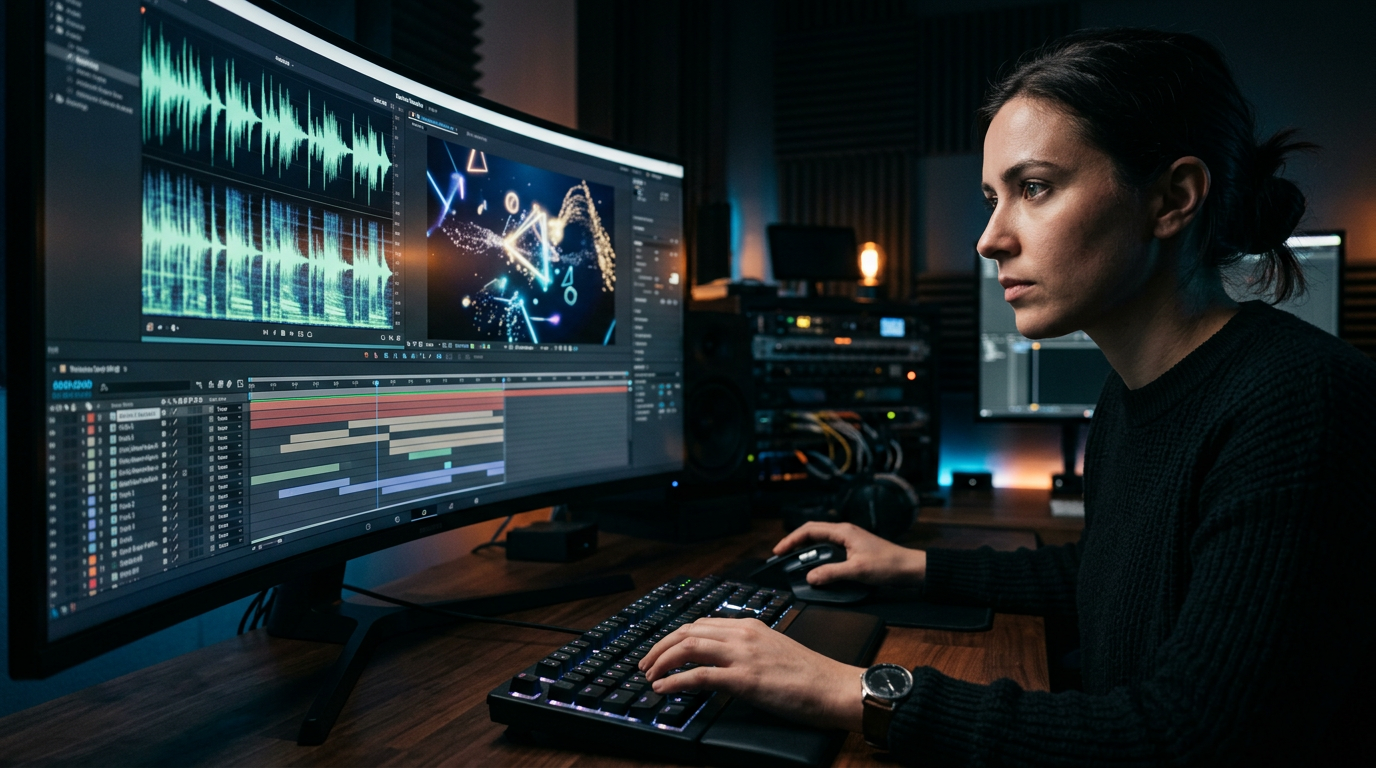 Close-up of a producer editing complex wave patterns and motion graphics on a large monitor.