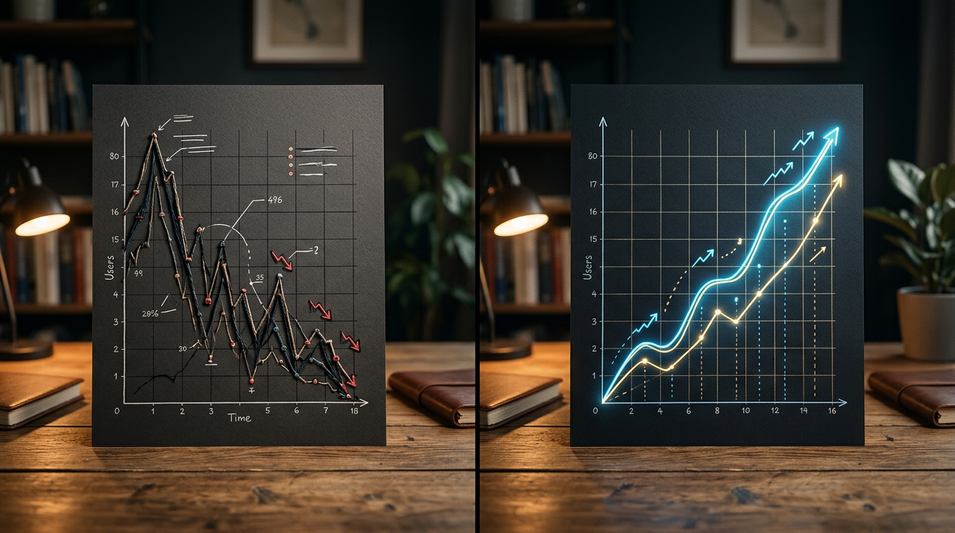 A split screen showing a failing low-retention graph and a successful high-engagement growth chart.