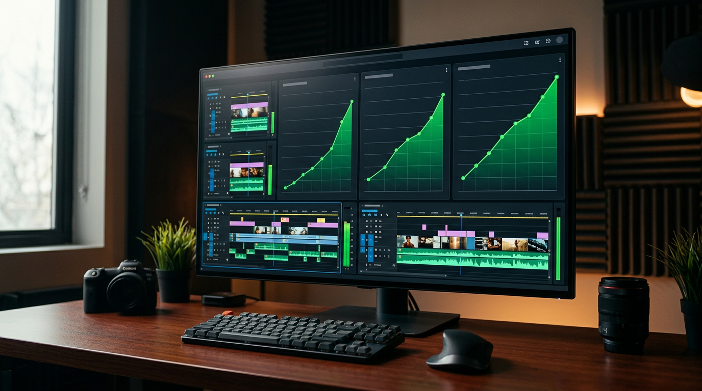 A clean professional dashboard showing upward green growth charts and organized video editing timelines.