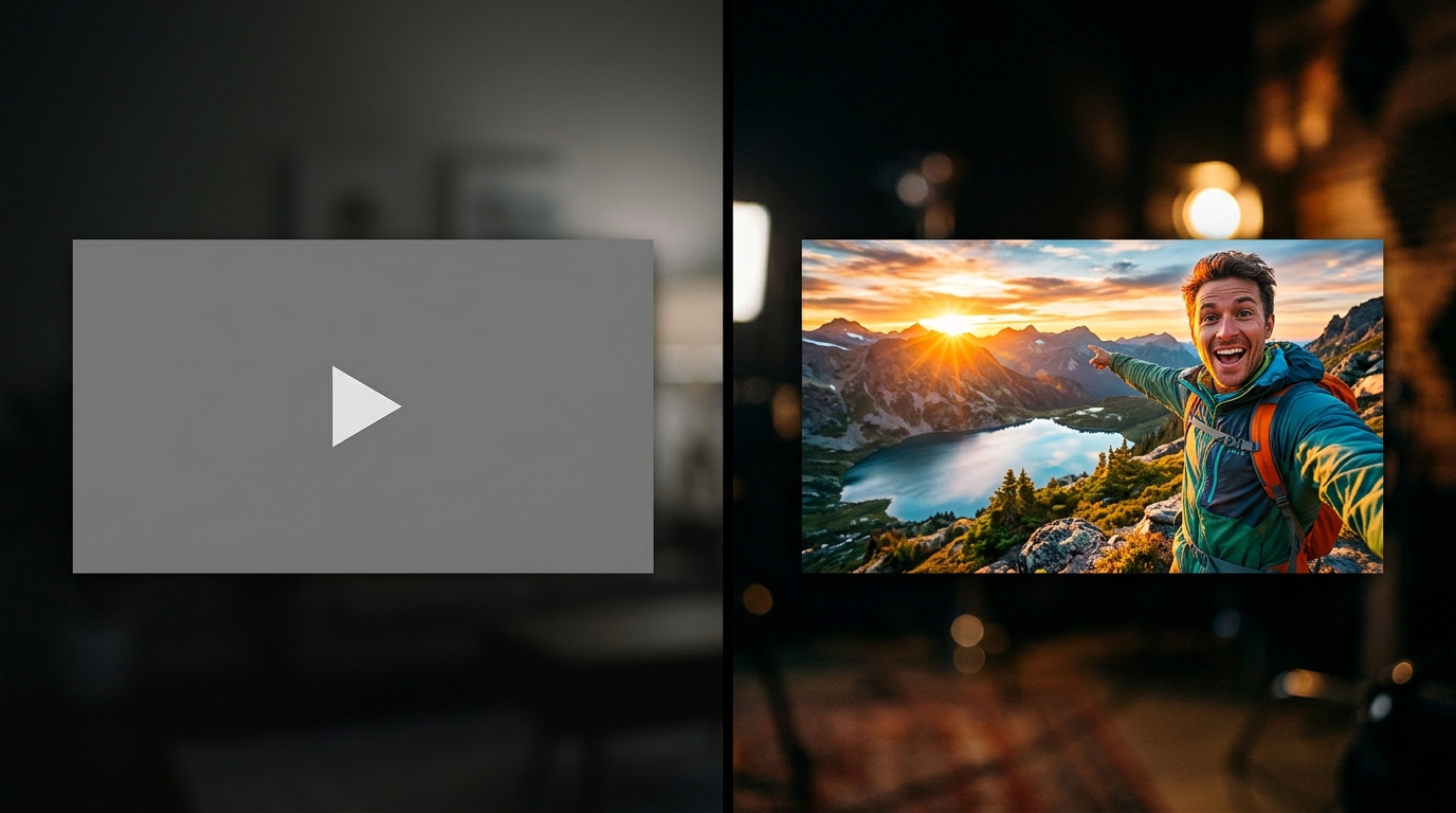 A split screen comparing a boring gray play button with a vibrant high-click-through thumbnail.