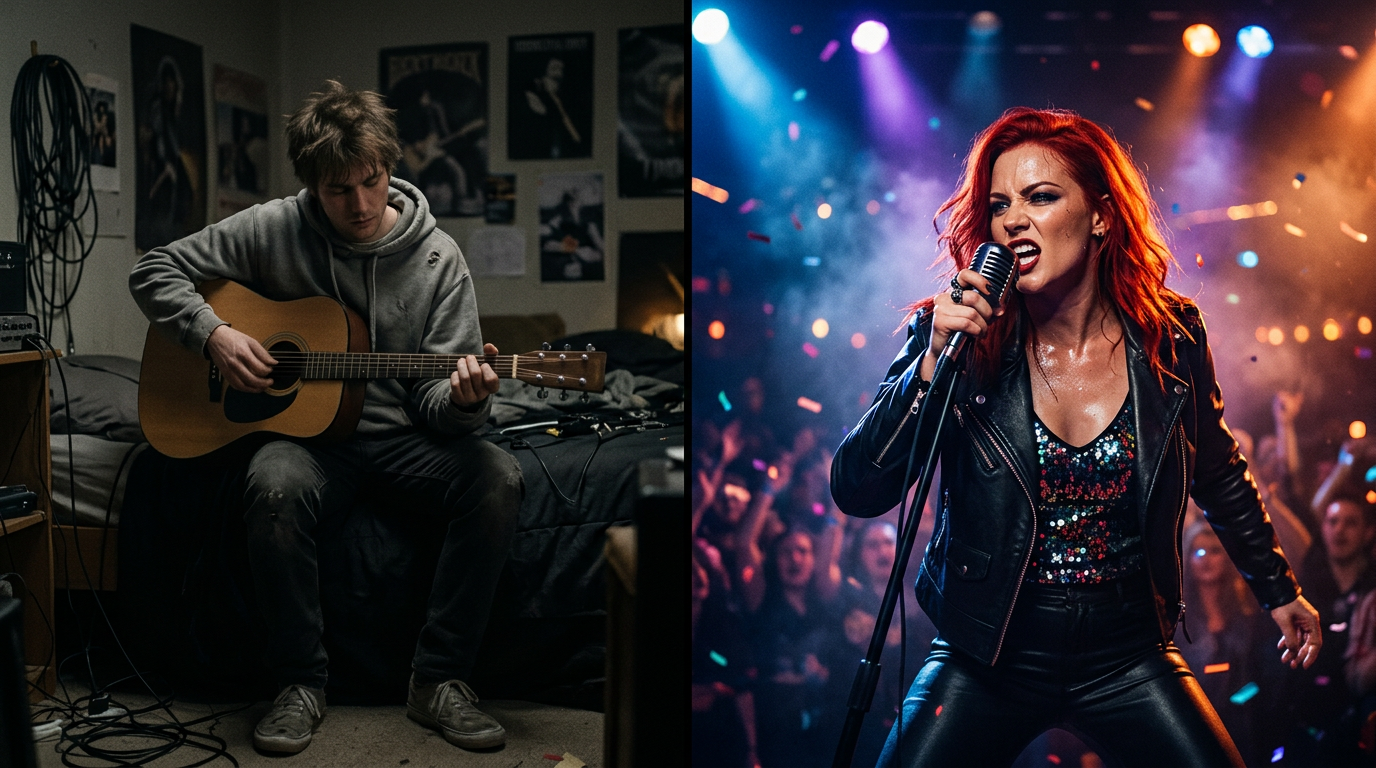 A split-screen view showing a generic thumbnail vs a professional high-CTR music thumbnail design.