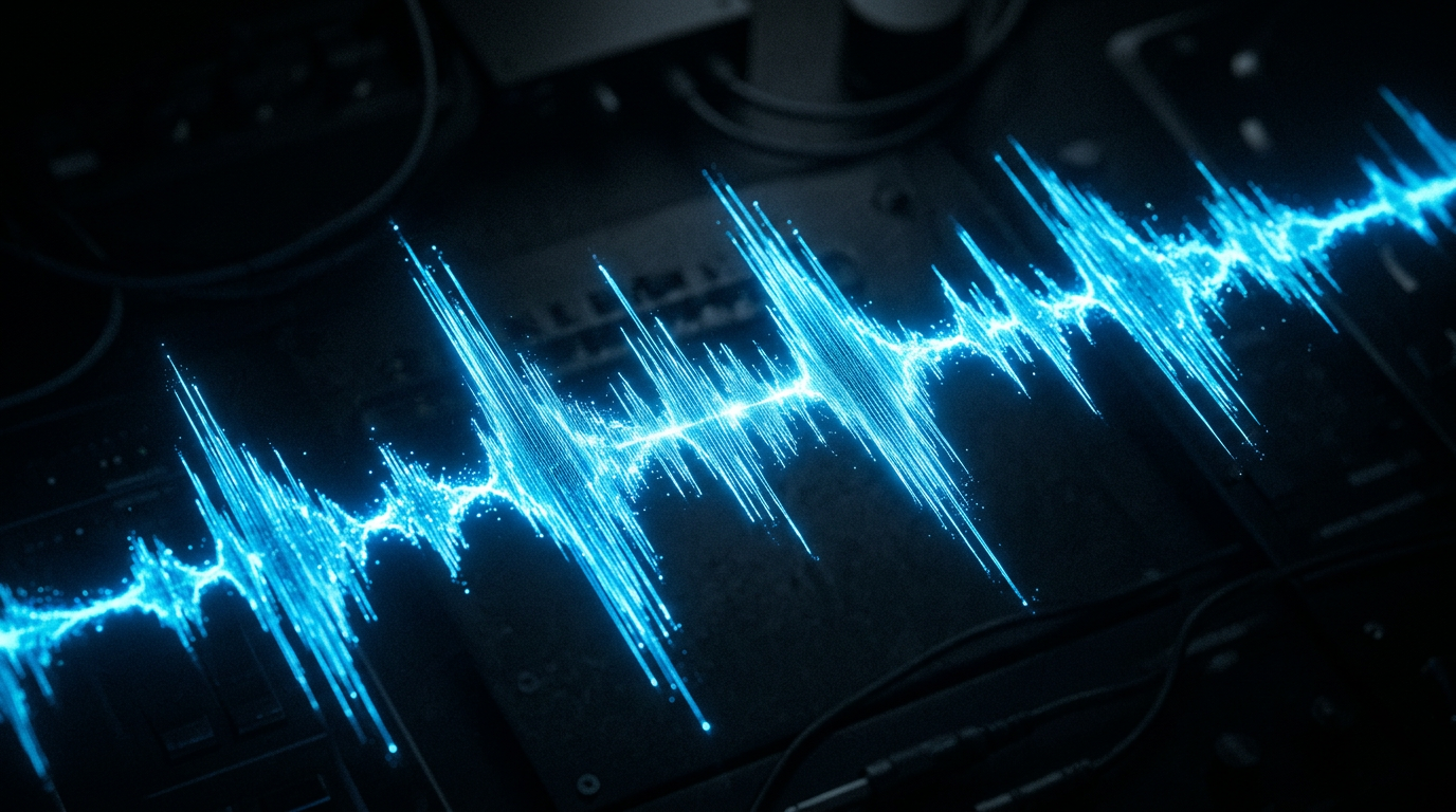 Close-up of a high-tech audio waveform glowing neon blue against a dark background.