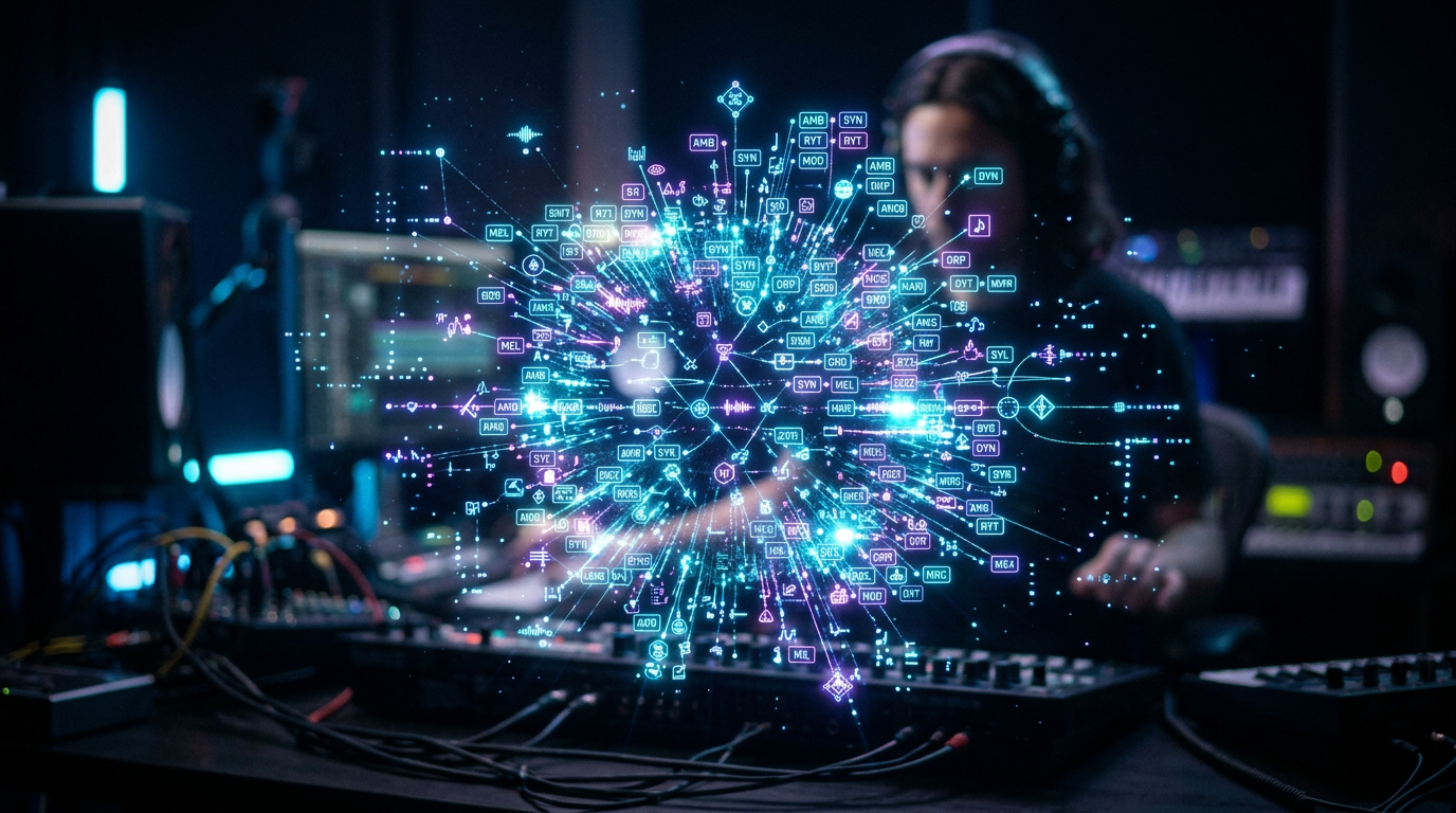 A close-up of a holographic interface showing complex musical prompt tags glowing brightly.