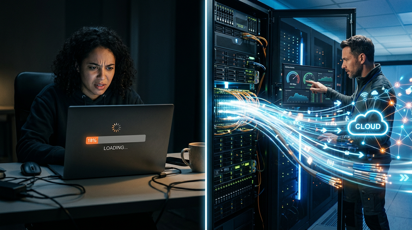 A split screen showing a slow loading bar versus a high-speed cloud data stream.