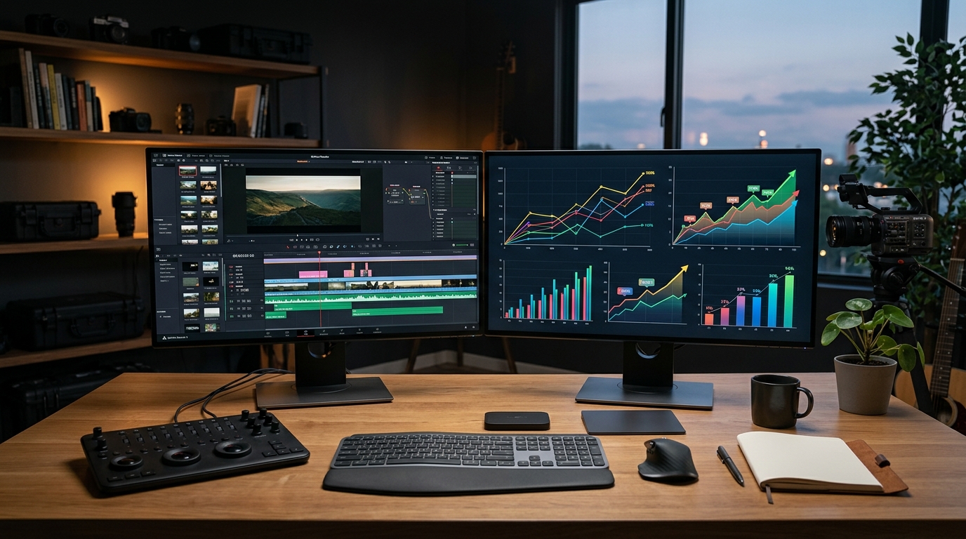 A clean, organized workspace showing a high-quality video editing timeline and growth charts.