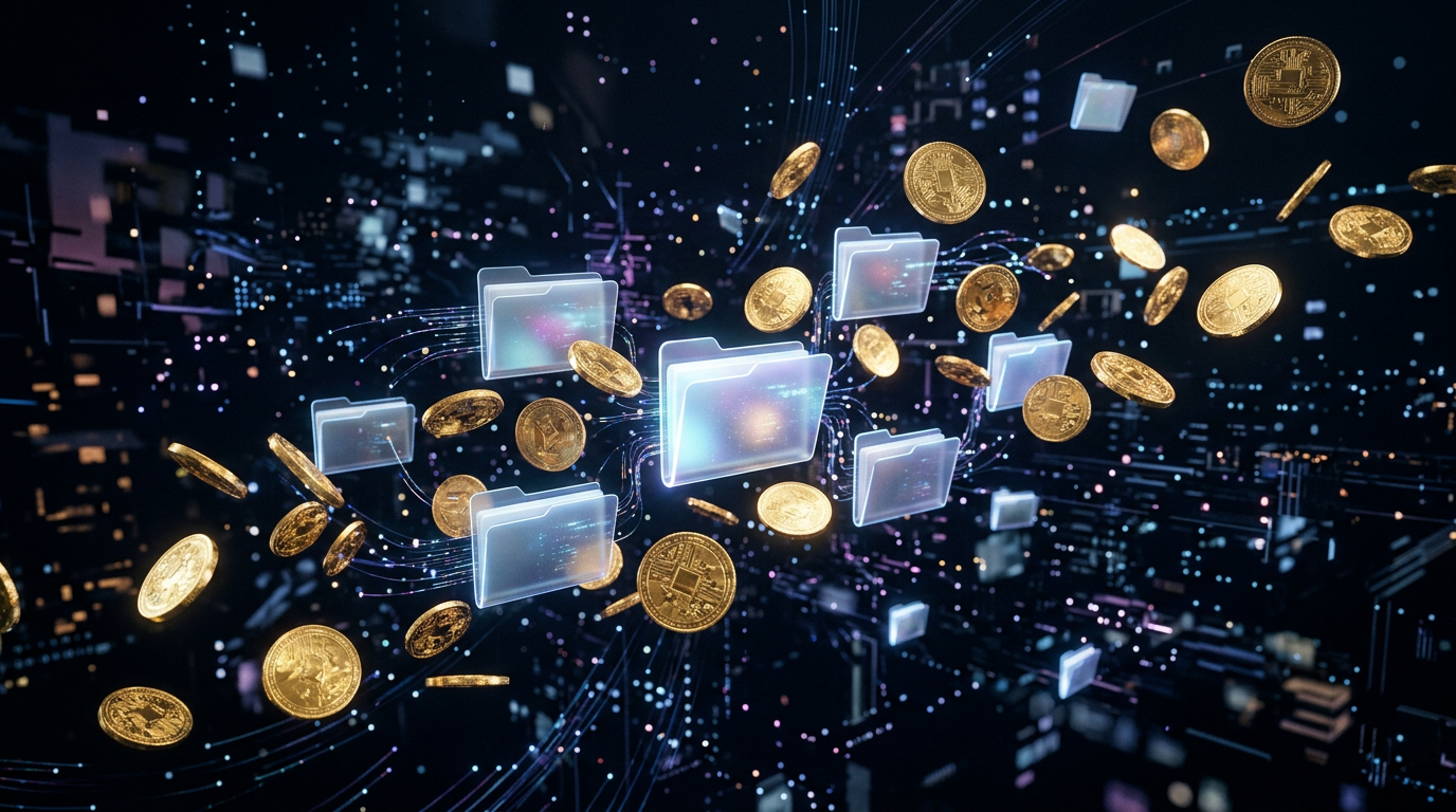 3D abstract representation of digital folders and golden coins floating in a dark technological void.