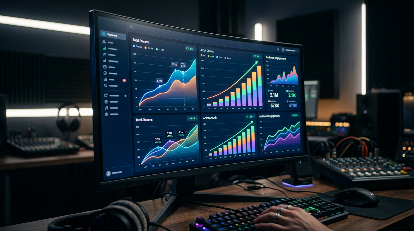 A close-up of a high-performance computer screen showing rising music analytics charts and graphs.