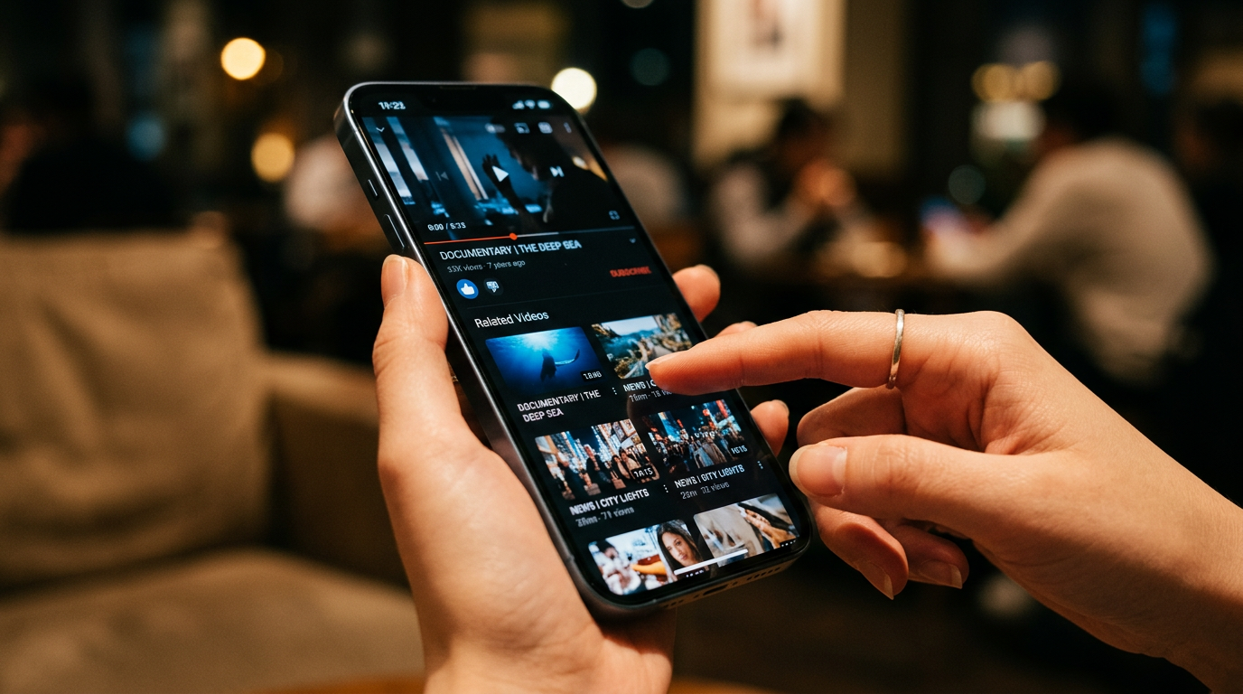 Close-up of a finger tapping the related video link on a smartphone screen.