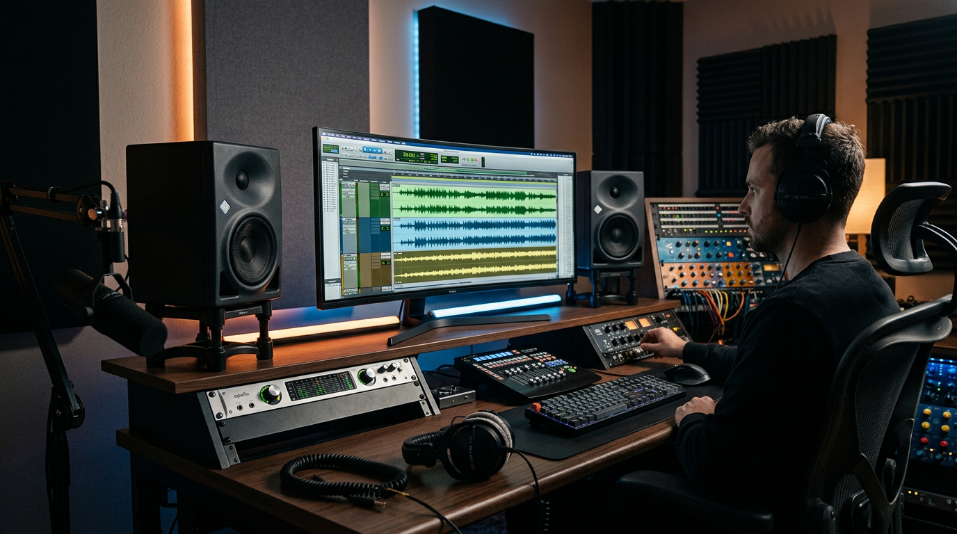A sleek studio setup showing a professional audio workstation with high-quality waveforms.