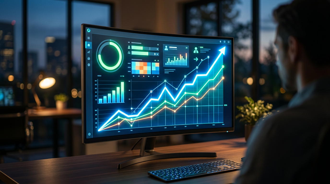 A bright digital analytics dashboard showing a sharp upward trend in subscriber growth.